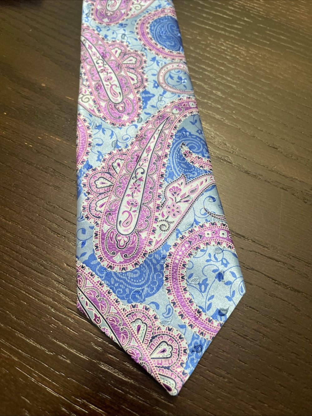 Men's Light Blue Paisley 100% Silk Tie with Pink and Blue Accents Made in Italy